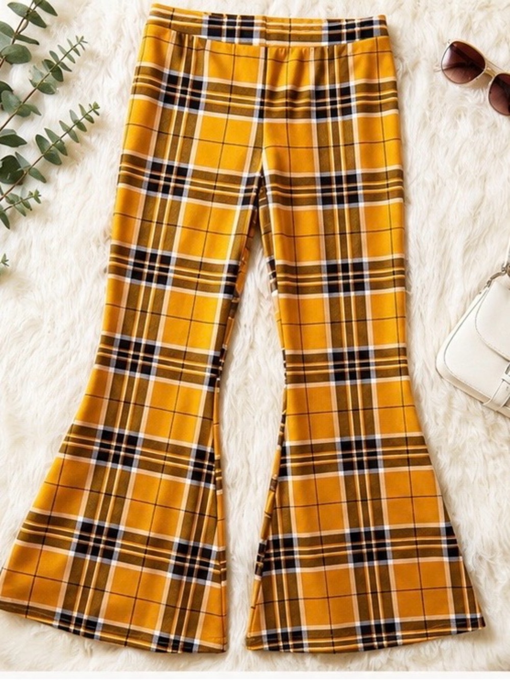 Y2K Mustard plaid bell bottoms wide leg flare soft size s/m